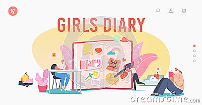 Girls Diary Landing Page Template. Tiny Female Characters Writing Memoirs in Notebook with Stickers. Teens with Notepads Vector Illustration