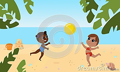 Girls of different nationalities play ball on a sunny beach in bathing suits. Cartoon flat style summer holiday and fun. Stock Photo