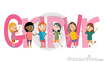 Girls of different races in different poses hold pink letters that are folded into the words Girl Power. Vector Illustration