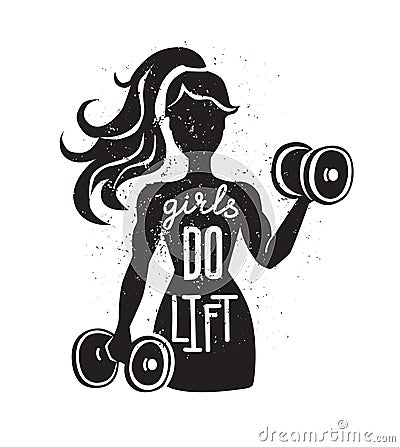 Girls do lift. Vector illustration on fitness motivation. Black female silhouette with dumbbells and lettering. Vector Illustration