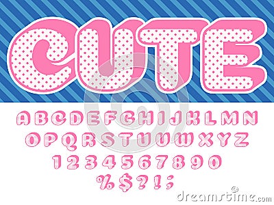 Girls doll font. Pink princess surprise, lol funny child letters and retro dotted texture alphabet baby girl dolls Vector Illustration