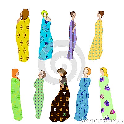 Girls Draped patterned fabric Vector Illustration