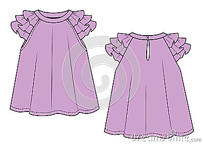 Girls dress with ruffles on sleeves, flat sketch Vector Illustration