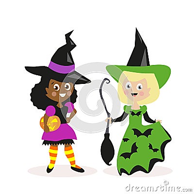 Girls dressed as a witch with a broom and pumpkin. Holiday Halloween. Small children. White and African-American. Flat Vector Illustration