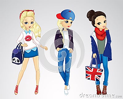 Girls Dressed In Jeens Style Vector Illustration