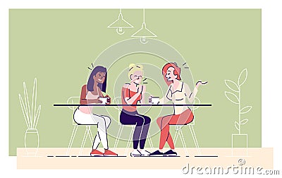 Girls drink coffee in cafe flat vector illustration. Young ladies enjoy tea, cheerful women discussing latest news Vector Illustration
