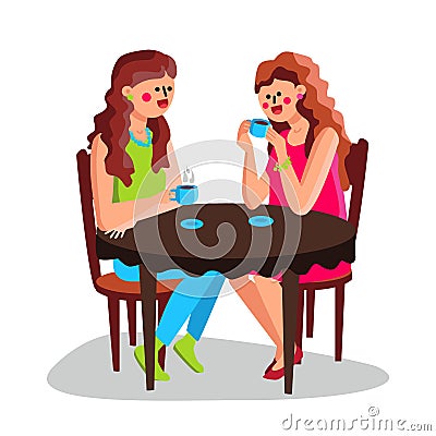 Girls Drinking Hot Coffee At Cafe Table Vector Vector Illustration