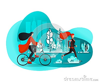 Girls Enjoying Leisure on Summer Mornings With Sports Activities in City Central Park such Running & Biking. Flat Cartoon Style. V Vector Illustration