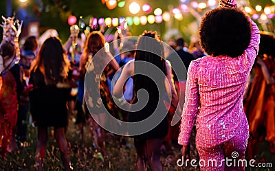 Girls enjoying summer night music party with DJ in open air disco Stock Photo