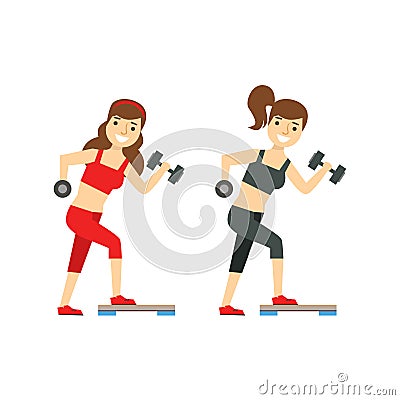 Girls Exercising With Dumbbells, Member Of The Fitness Club Working Out And Exercising In Trendy Sportswear Vector Illustration