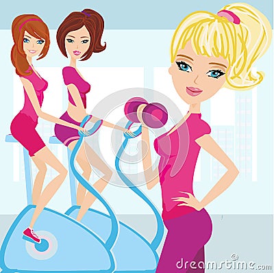 Girls exercising in a gym Vector Illustration