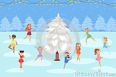 Girls figure skating on ice outdoor round snowy fir tree winter season cartoon vector illustration. Vector Illustration