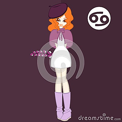 Girls Flat Style, Flower for Zodiac `Cancer-Acanthus` Vector Illustration