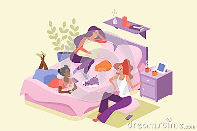 Girls friends talk in bedroom on hen party, cute happy three female characters gossip Vector Illustration