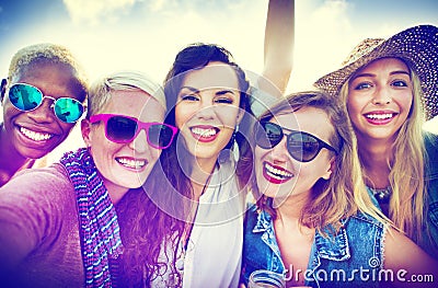 Girls Friendship Smiling Summer Vacations Together Concept Stock Photo