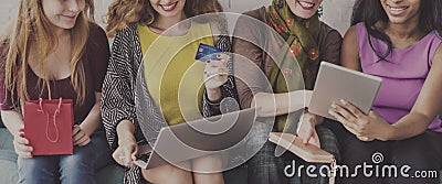 Girls Friendship Togetherness Online Shopping Concept Stock Photo