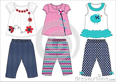 girls frocks with leggings lady bug flower dots print vector Vector Illustration