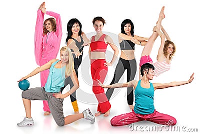 Girls group in sportswear does gymnastic exercise Stock Photo