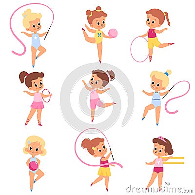 Girls gymnastics. Little athletes in different poses, kids make aerobics and sports, young artists with accessories Vector Illustration