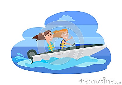 Girls Having Fun While Riding Boat, Boating Water Vector Illustration