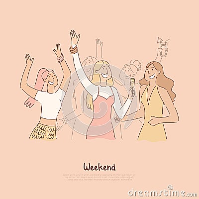 Girls having party in club, drinking alcoholic cocktails, girlfriends dancing at nightclub together, fun night activity Vector Illustration