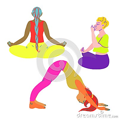 Girls and oriental practices. Yoga, meditation and pranayama. Beauty, care, hygiene concept clipart. Vector. Flat Vector Illustration