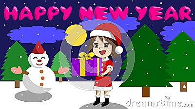 The girls are holding presents at night during the Christmas and New Year holidays. Vector Illustration