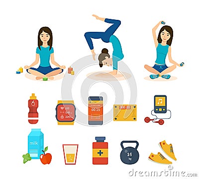 Girls involved in sports and yoga, taking different positions. Vector Illustration