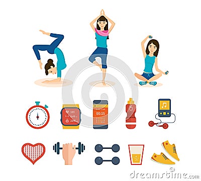 Girls involved in sports and yoga, taking different positions. Vector Illustration