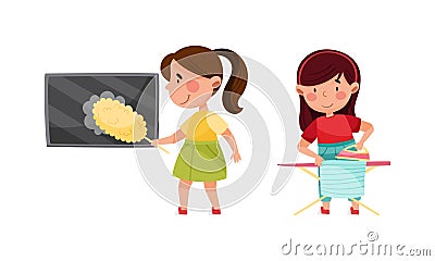 Girls ironing clothes and cleaning TV screen using feather duster. Kids helping parents with housework, household chores Vector Illustration