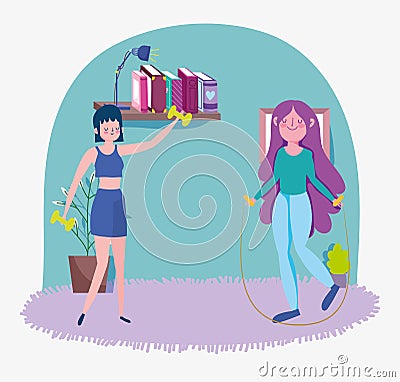 Girls with jump rope and gym weights in the room, exercises at home Vector Illustration