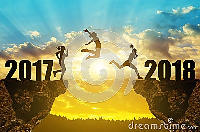 Girls jump to the New Year 2018 Stock Photo