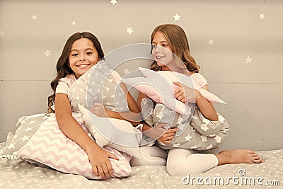 Girls kids hug cute pillow. Cute kids pillows they will love to cuddle. Find decorative pillows and add fun to room Stock Photo