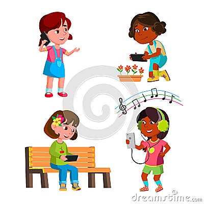 Girls Kids Using Smartphone Gadget Set Vector Vector Illustration