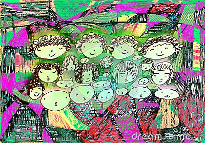 Girls and Kitty Cat Chorus Whimsical Art Stock Photo