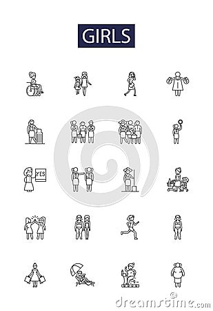 Girls line vector icons and signs. Females, Women, Ladies, Teens, Adolescents, Chicks, Maiden, Damsel outline vector Vector Illustration