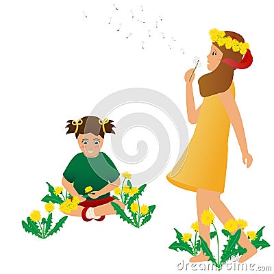 Girls make flower crowns Vector Illustration