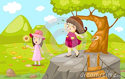 Girls with natural meadow Vector Illustration