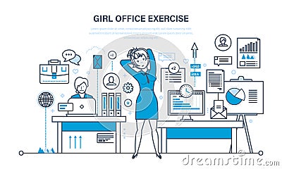 Girls in office do exercises, for rest and recovery. Vector Illustration