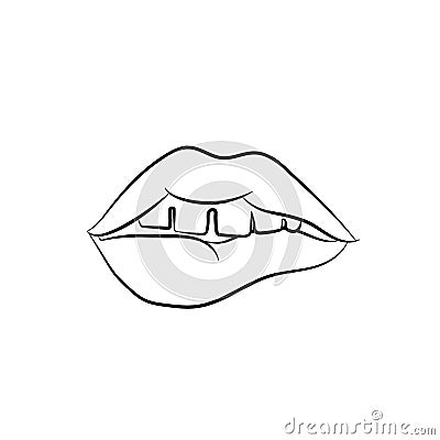 Girls open mouth with lips biting. Womans teeth. Pop art vector illustration. Black and white sketch. Vector Illustration