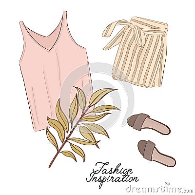 Girls outlook: shorts, shoes and top in pastel colors, decorated with palm leave. Trendy fashion illustration. Magazine article fl Vector Illustration