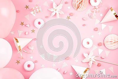 Girls party accessories over the pink background. Invitation, bi Stock Photo