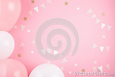 Girls party accessories over the pink background. Invitation, bi Stock Photo