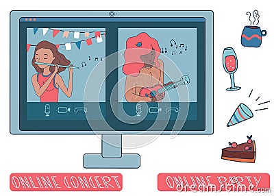 Girls play online concert on ukulele and flute. Vector Illustration