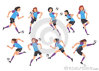 Girls Playing Soccer Collection, Young Women Football Players Characters in Sports Uniform Kicking the Ball Vector Vector Illustration