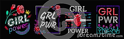 Girls Power is Collection Slogans Print Embroidery T-shirt. Feminist slogan, Rock print. Fashionable slogan with roses Vector Illustration