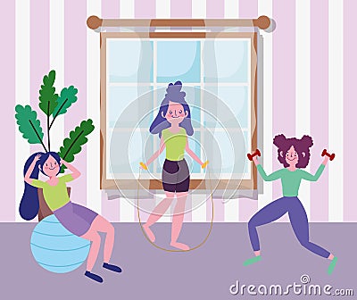 Girls practicing fitness with ball and dumbbells, exercises at home Vector Illustration