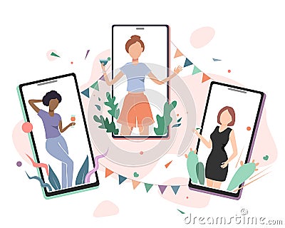 Girls Quarantine party vector flat illustration. Birthday online celebration, or meeting friends concept. Pretty women Vector Illustration