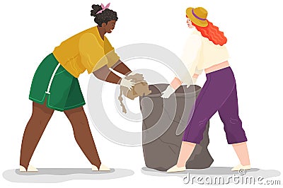 Girls remove paper waste vector illustration. Female characters throwing trash to rubbish bag Vector Illustration