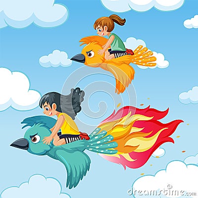 Girls riding flying biard racing in sky Vector Illustration